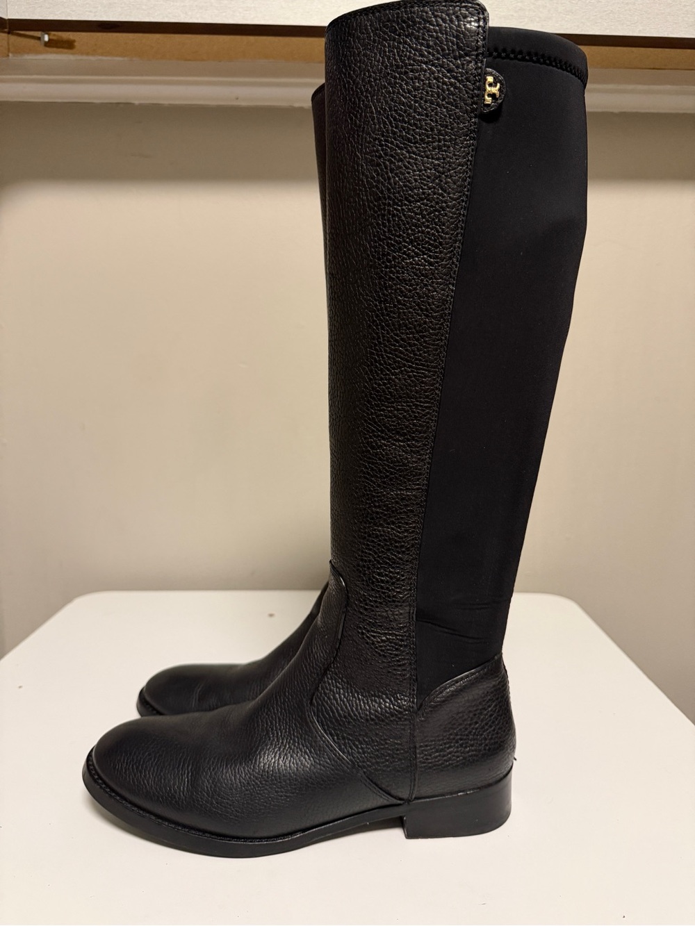Tory Burch Selden Leather Tall Riding Boots Black Stretch Pebbled Women’s US 7.5